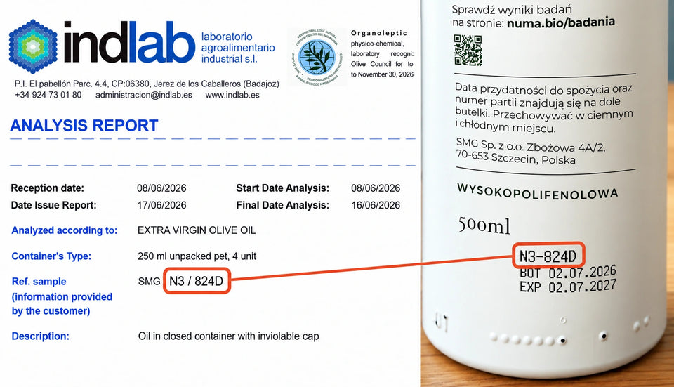 Numer N3 / 824D w raporcie INDLAB i oznaczenie N3-824D na butelce NUMA, wyróżnione pomarańczowymi ramkami i połączone linią.